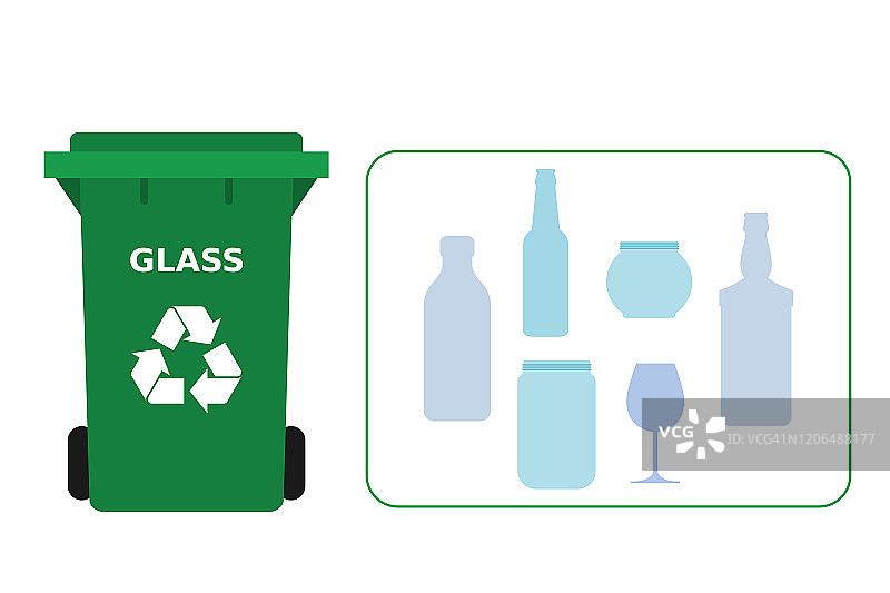 绿色垃圾桶，玻璃废料适合回收利用。图片素材