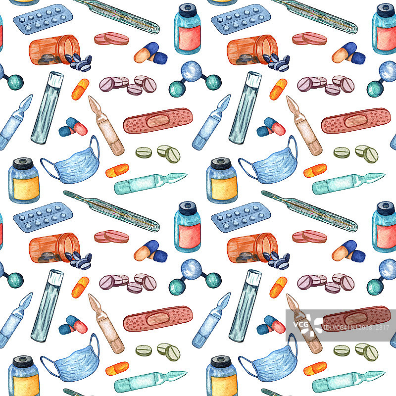 医疗用体温计、针剂、药丸、疫苗无缝模式。水彩手绘模式与医疗用品。医疗背景图片素材