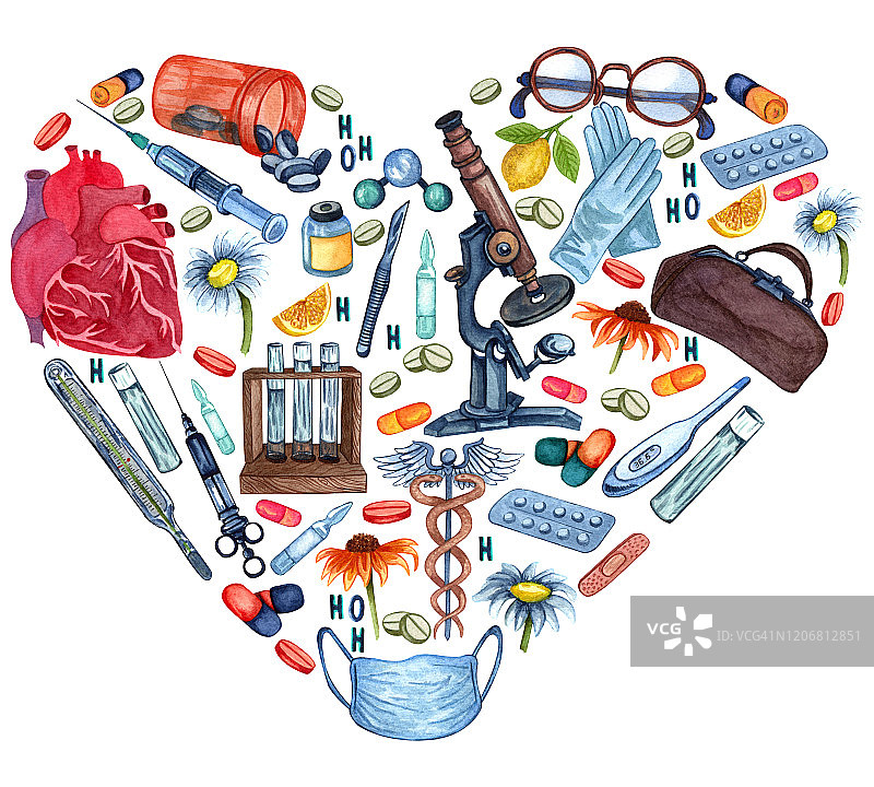 水彩医疗工具:心脏，温度计，药丸，显微镜，草药，玻璃，试管隔离在白色背景。装饰元素完美的问候礼物纸或贺卡制作。图片素材