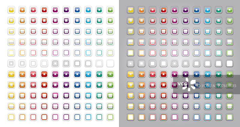 方形按钮图标在半折叠的形式。各种颜色的方形按钮图标。可以在各种背景颜色上使用挤压效果的图标。图片素材