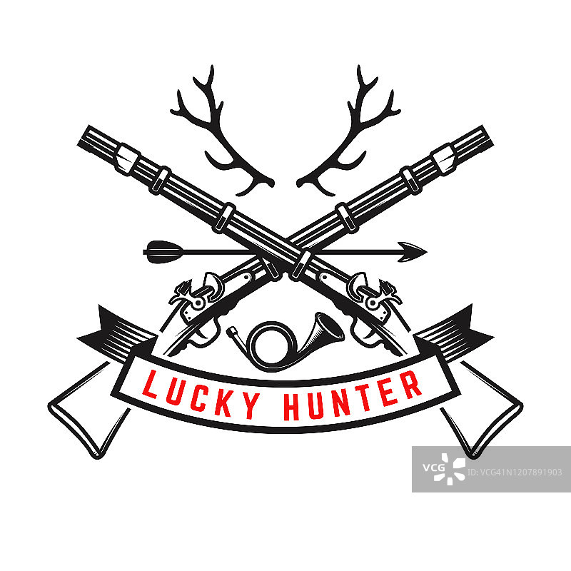 会徽模板狩猎俱乐部会徽配鹿角、猎枪、猎角。设计元素的标签，标志，海报，t恤。矢量图图片素材
