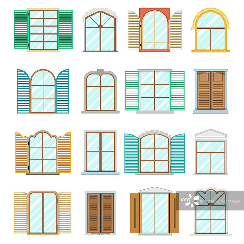 一套古老的木材或木制窗框的观点孤立在房子的墙壁上。复古的塑料窗户。平面向量插图。图片素材
