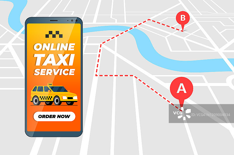 智能手机与在线出租车预订服务应用程序的概念。出租车换乘路线和地理标签gps定位针在城市地图到达地址。获得出租车应用平面矢量图图片素材