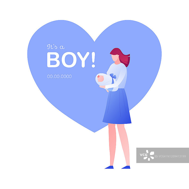向量梯度现代平坦婴儿淋浴插图。母亲抱着新生儿与蓝色心形框架和它的男孩文字孤立在白色背景的设计元素邀请卡，公告图片素材