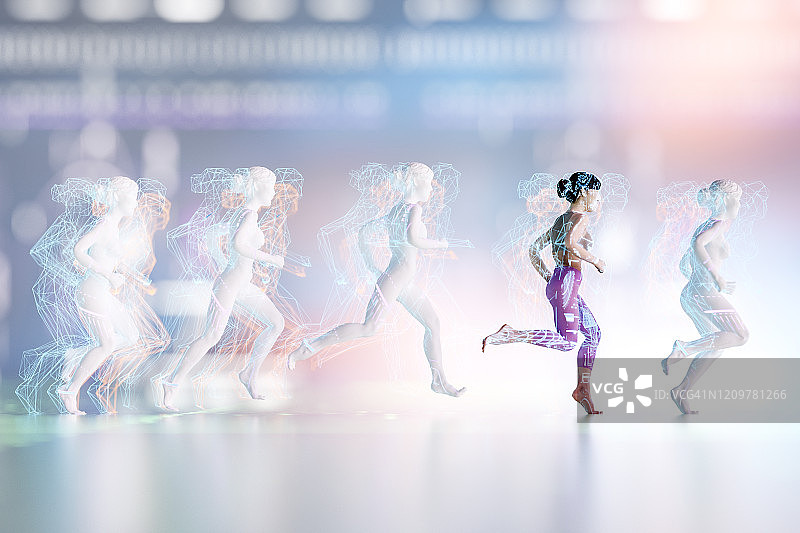 女人用各种数据屏幕跑步图片素材