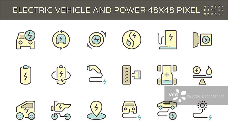 电动汽车和电源矢量图标设置，48x48像素完美和可编辑的笔触。图片素材