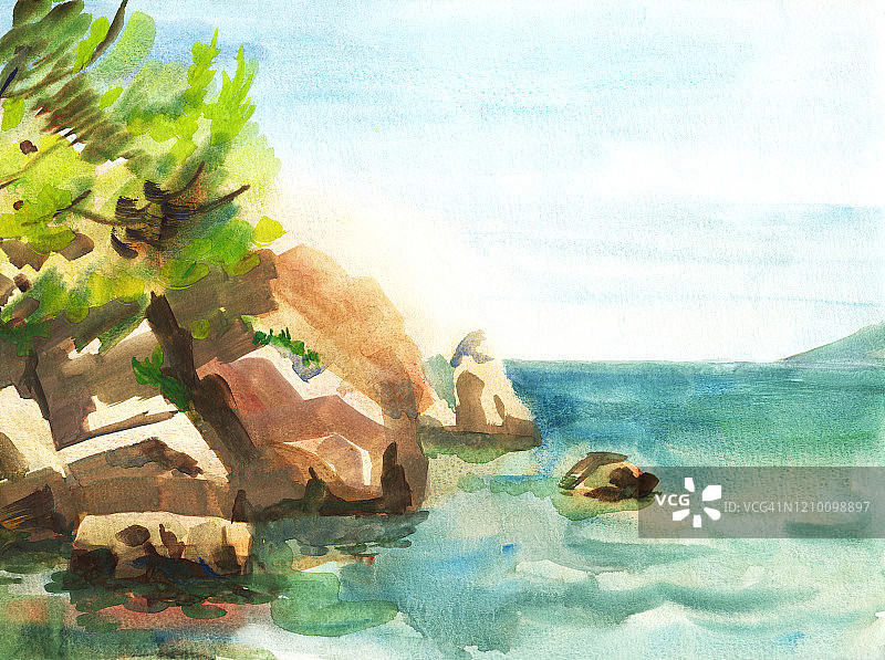 手绘水彩画彩色的岩石，海，绿色的树，蓝天背景。图片素材