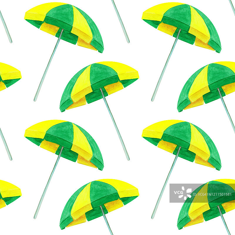 手绘黄色和绿色水彩沙滩伞无缝图案上的白色背景。夏日沙滩配饰无尽的印花为您设计。墙纸。图片素材