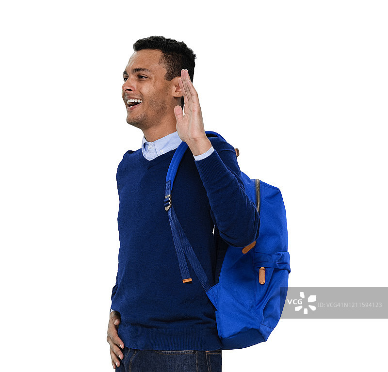 z一代年轻男性背着背包站在白色背景前图片素材