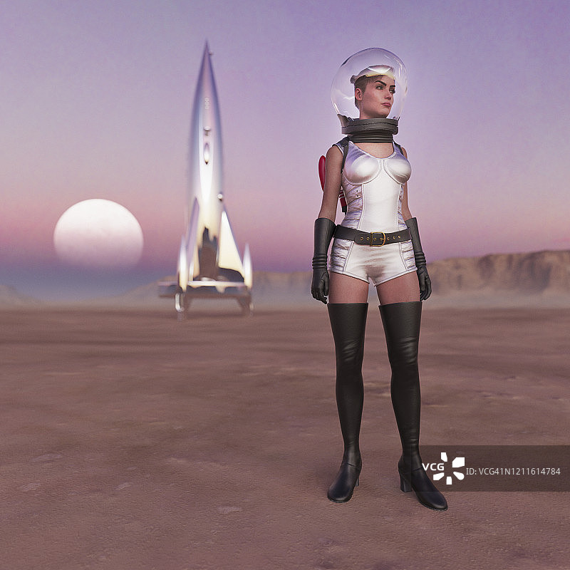 在另一个星球上穿着复古太空服的女人图片素材
