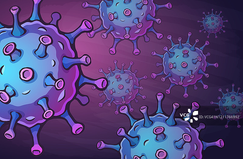 矢量插图。墙纸上有来自的冠状病毒细胞的宏图。新型冠状病毒引起呼吸道感染。全球流行病。致命的电晕细菌。背景轮廓图形图片素材