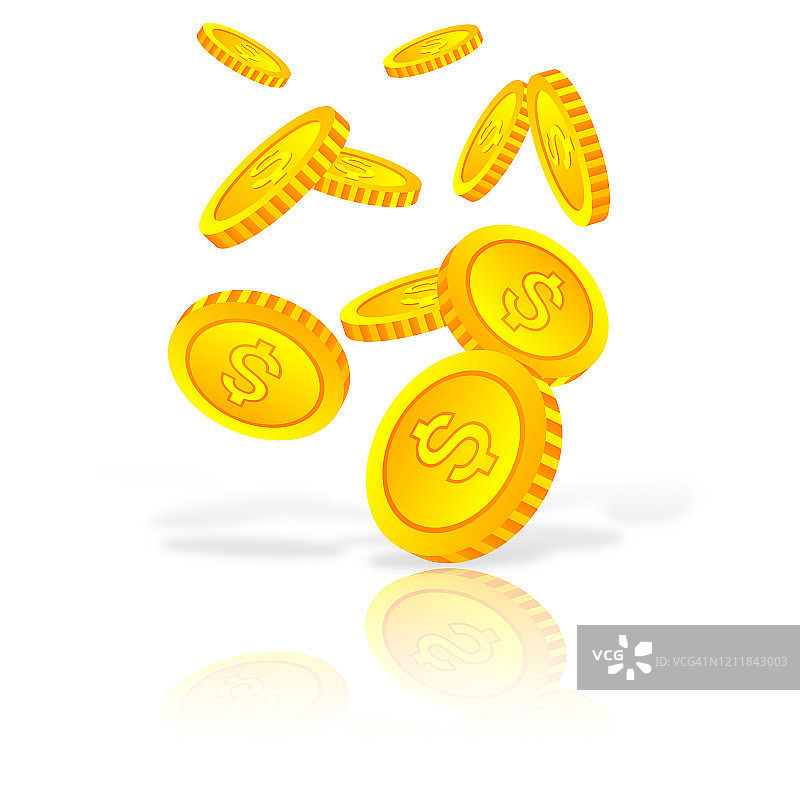 钱币下落矢量插图，扁平风格的金币下落，孤立在白色的背景图片素材