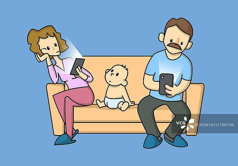 现代父母沉迷于坐在沙发上的电子产品，忽视了他们蹒跚学步的孩子。平面矢量插图，孤立在蓝色背景。图片素材