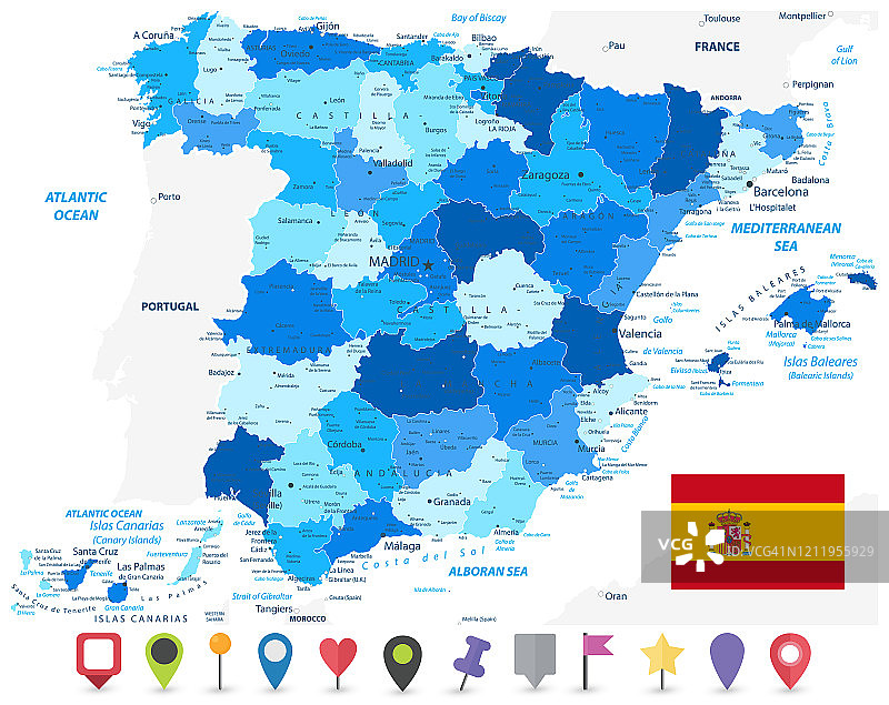 西班牙行政区划地图蓝色和平面地图图标图片素材