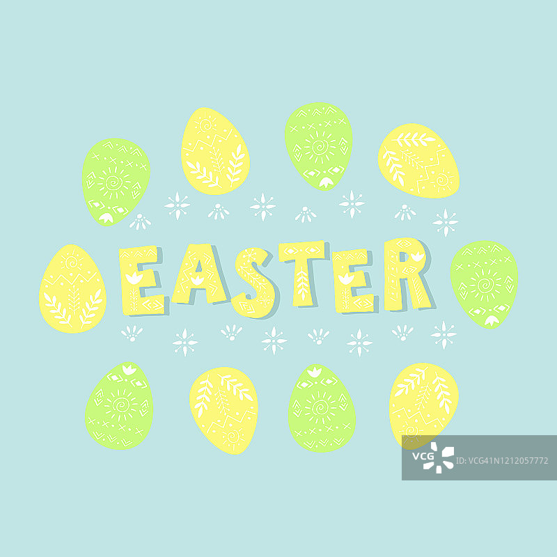 复活节排版文字明信片。复活节日春字设计。字体插图与可爱的鸡蛋和花。海报、横幅、卡。向量eps 10。图片素材