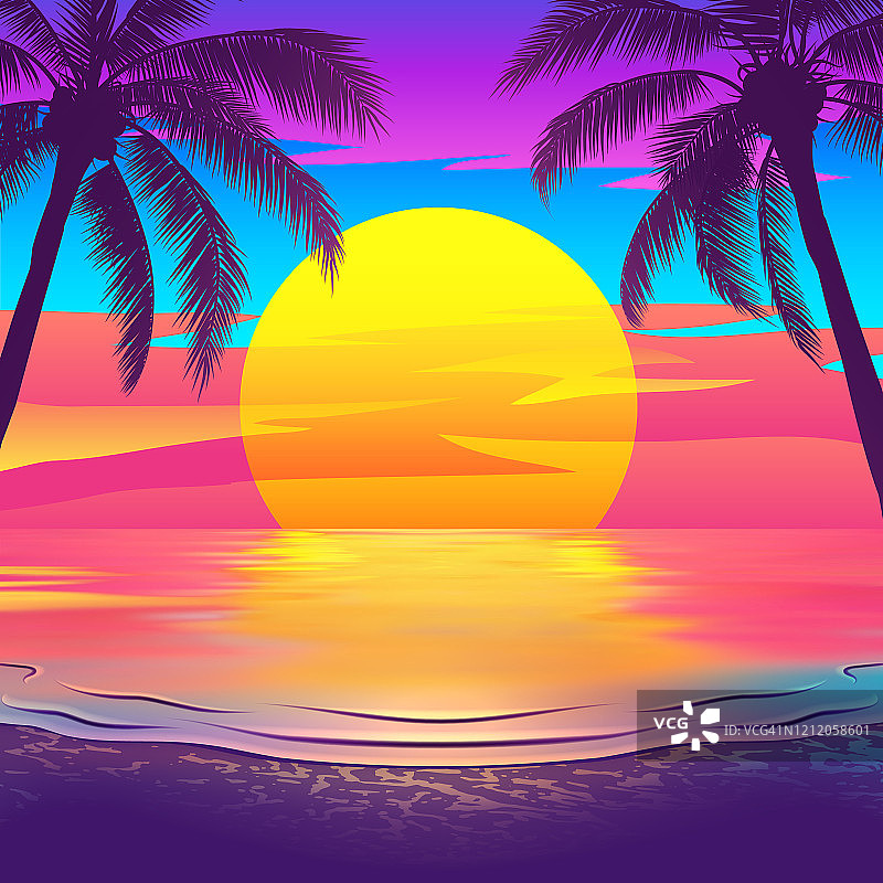 热带海滩日落与棕榈树图片素材