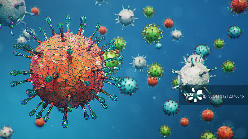 抽象的病毒的背景。感染呼吸道的病原体。COVID-19感染。大流行、病毒感染的概念。人体内的病毒感染导致慢性疾病，3D插图图片素材