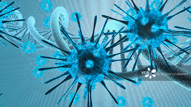 3D病毒细胞攻击DNA链图片素材