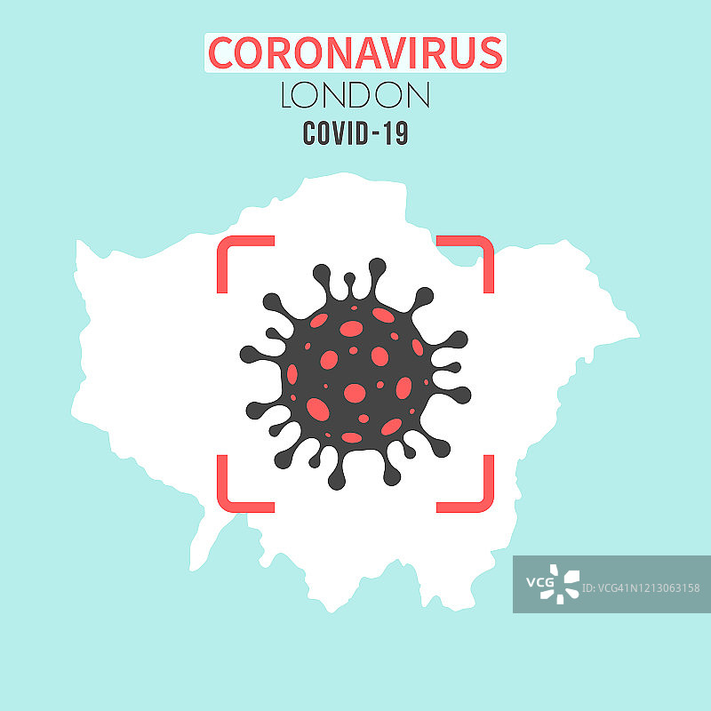 伦敦地图，红色取景器显示冠状病毒细胞(COVID-19)图片素材