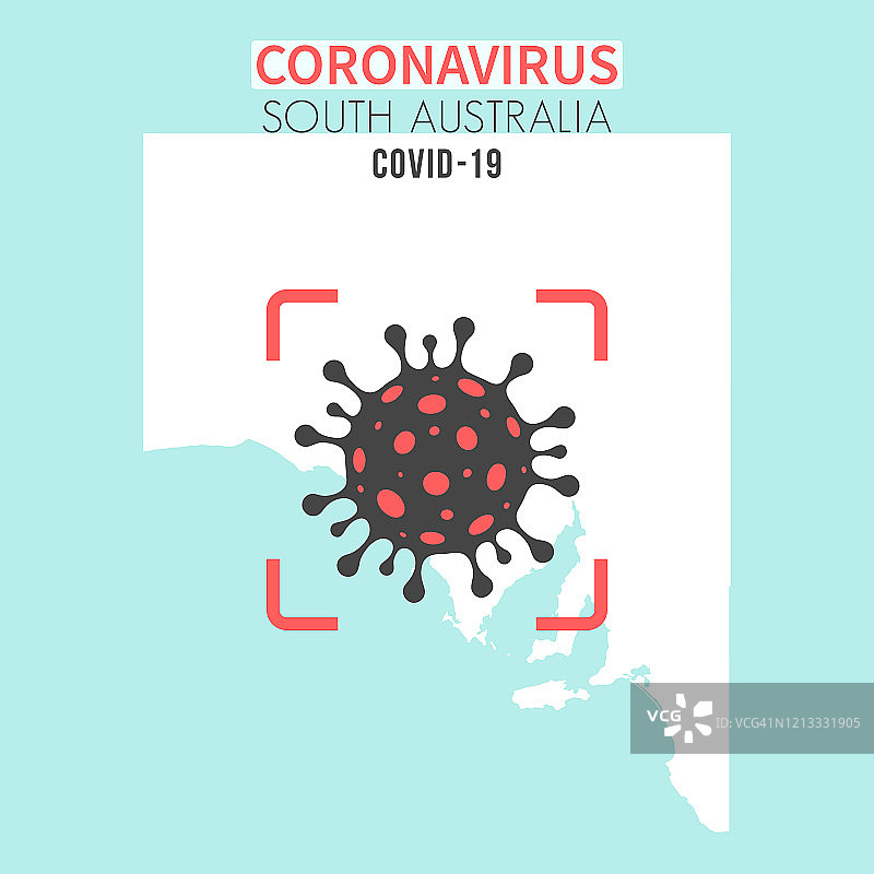 南澳大利亚地图，红色取景器中有冠状病毒细胞(COVID-19)图片素材