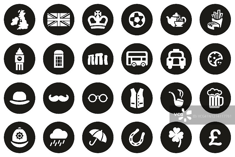 英国国家和文化图标白色在黑色的平面设计圈设置大图片素材
