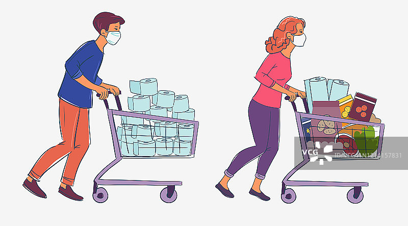 戴着白色医用口罩的妇女和男子推着手推车在超市购物。冠状病毒检疫媒介图解的概念图片素材