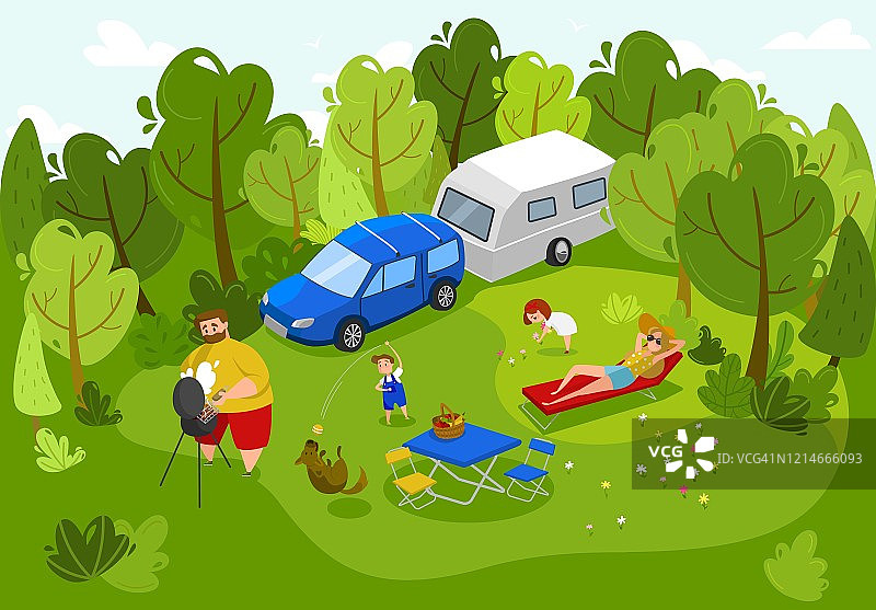 幸福全家一起野餐，夏日户外一起休闲，人矢插画图片素材