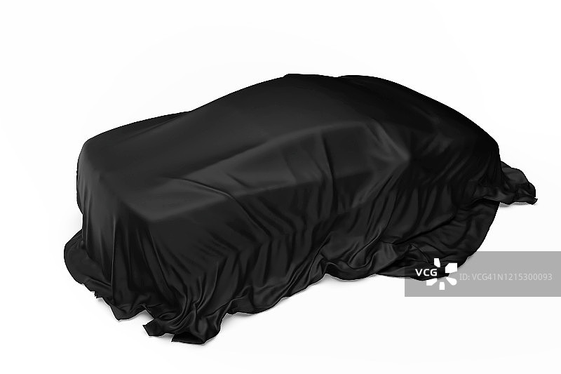 3d黑色织物，覆盖跑车孤立在白色背景，新车展示库存照片图片素材