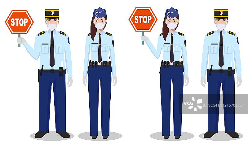 警察和检疫概念。一对法国警察和女警察穿着传统的制服和保护面具站在一起，在白色的背景平体式。矢量插图。图片素材