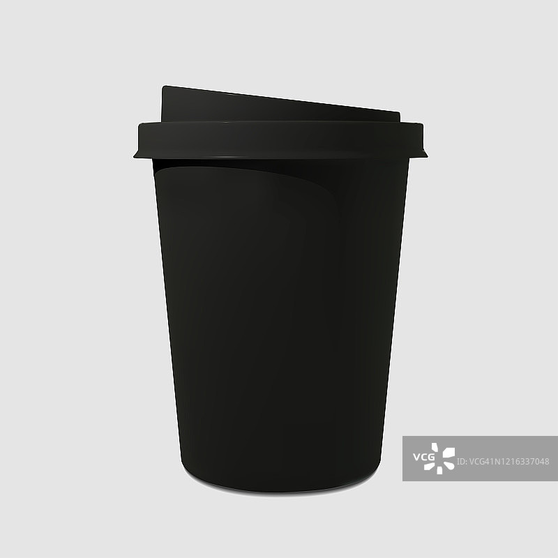 纸现实黑咖啡杯。模型咖啡杯。一次性饮料用玻璃杯。产品模板，网页横幅和传单。矢量图图片素材