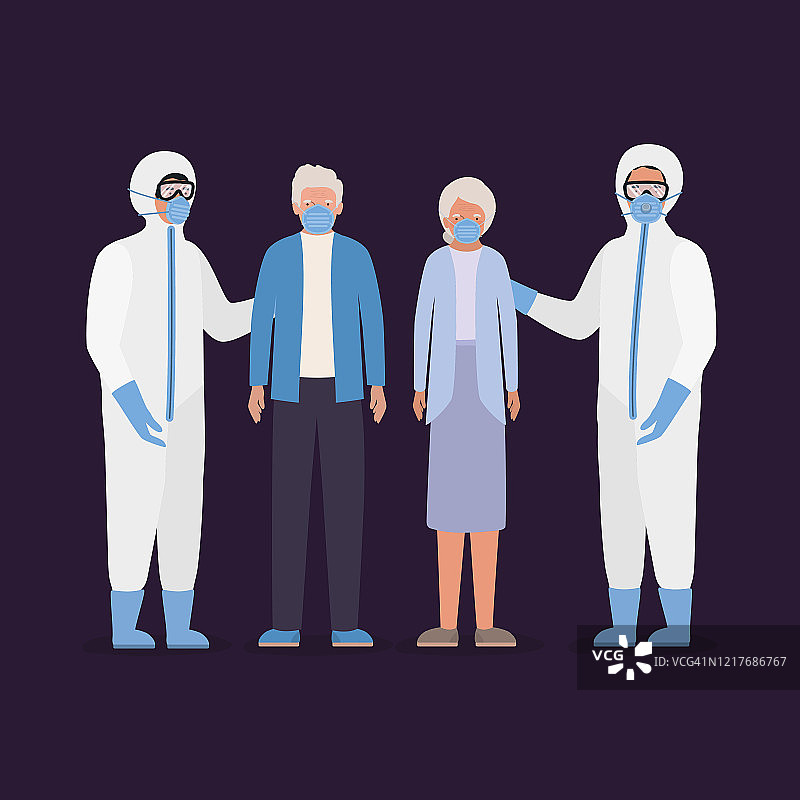 戴口罩的老年妇女和男子，以及穿着防护服的医生，以防止Covid - 19病媒设计图片素材