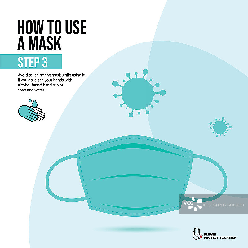 第三步:如何使用口罩。病毒病媒介带口罩图标。新型冠状病毒病概念设计图库。Covid-19向量模板图片素材