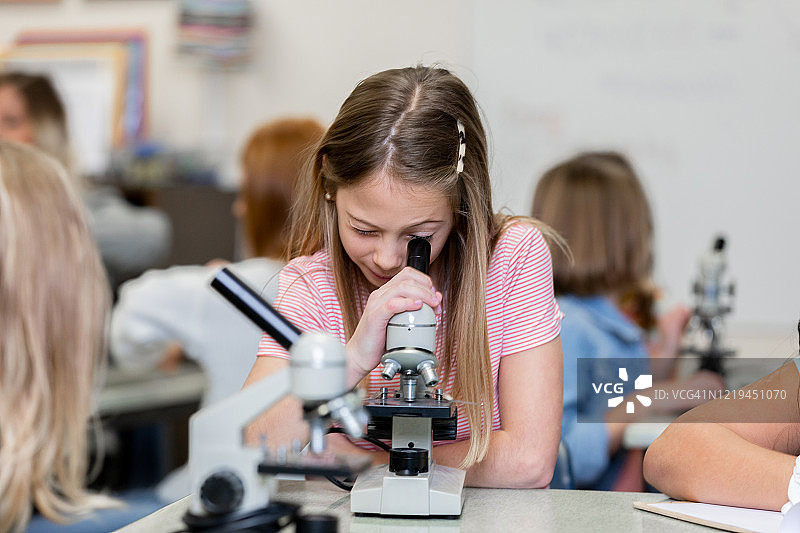 年轻女孩在科学领域研究微生物图片素材