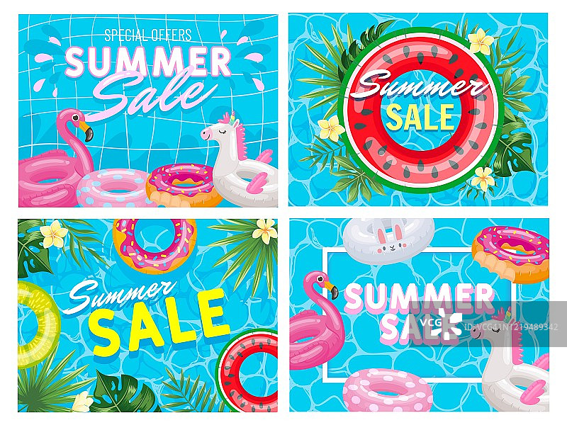 夏天出售旗帜。夏季池交易传单，花哨的粉红色火烈鸟和西瓜浮动环矢量插图特别提供集图片素材