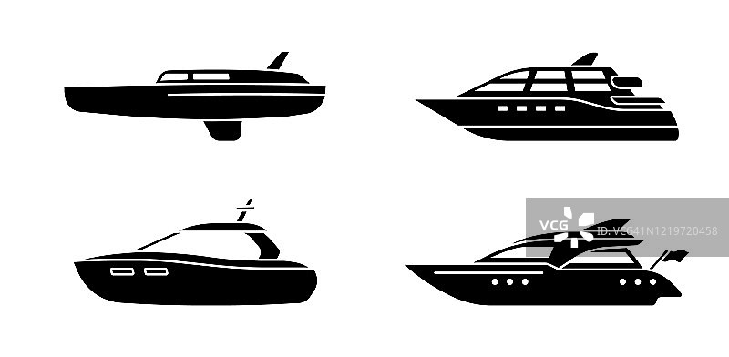 一组海洋游艇。游艇船的概念。豪华游艇的侧视图。图片素材