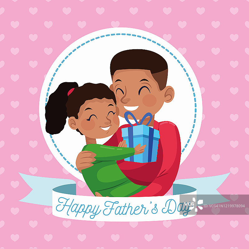 父亲节快乐卡片与非洲发型的父亲抱女儿在圆形框图片素材