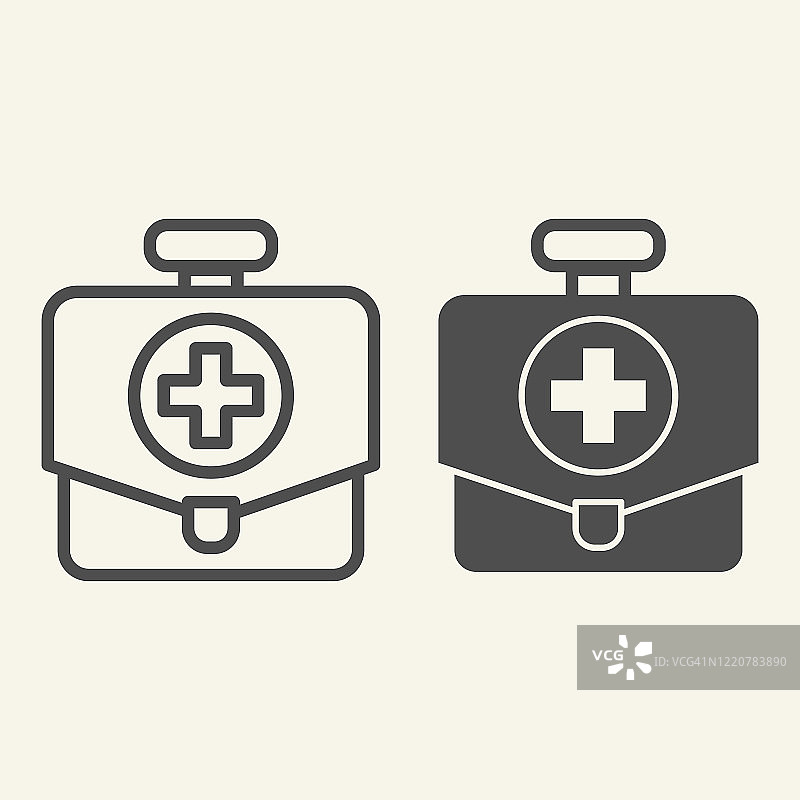急救箱线和固体图标。医生医疗袋盒轮廓风格象形图上的白色背景。医药箱的移动概念和网页设计。矢量图形。图片素材
