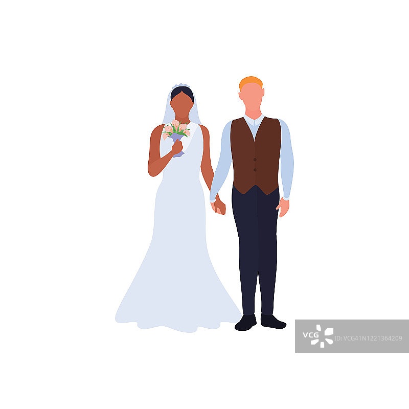 美丽年轻的新娘和新郎，相爱的夫妇牵手在婚礼的日子里。婚礼仪式。矢量图图片素材