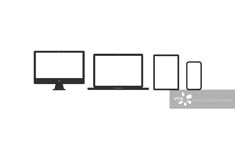 跨平台设备。个人电脑，笔记本电脑，平板电脑和智能手机的轮廓。跨平台图标孤立在白色背景上。矢量图图片素材