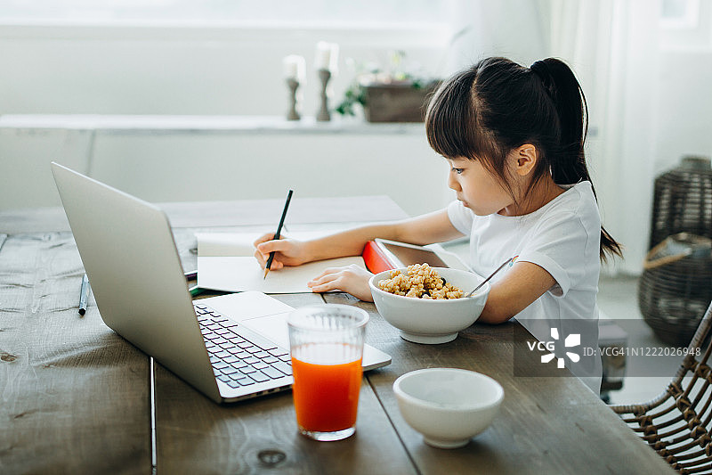 一个亚洲小女孩在家里一边学习一边吃早餐。她使用笔记本电脑和数字平板电脑参加在线学校课程，并在家里写笔记图片素材