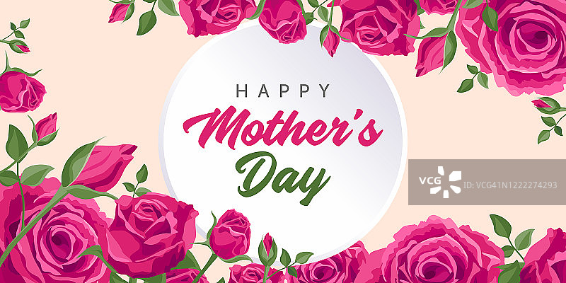 祝您母亲节快乐。矢量贺卡的社会媒体，网上商店，海报，横幅。短信是母亲节快乐的横幅。美丽的玫瑰，和花蕾在粉红色的背景。图片素材