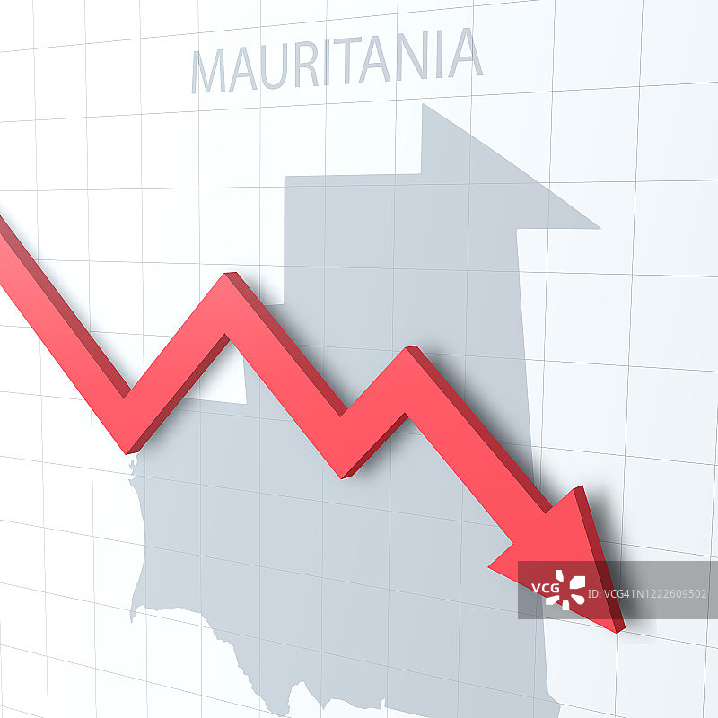 落下的红色箭头，以毛里塔尼亚地图为背景图片素材