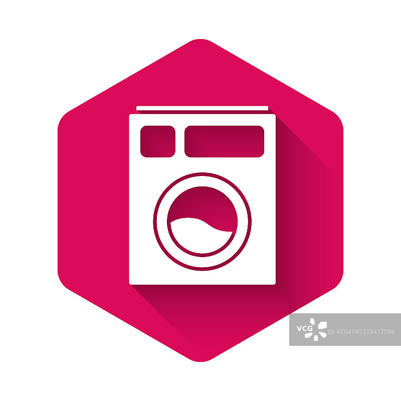 白色洗衣机图标孤立与长阴影。洗衣机图标。洗衣机-洗衣机。家电的象征。粉红色的六角按钮。矢量图图片素材