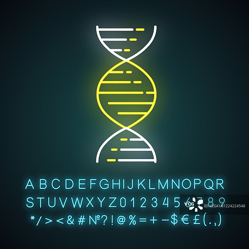 DNA双螺旋霓虹灯图标。脱氧核糖核酸，核酸结构。分子生物学。遗传密码。遗传学。有字母、数字和符号的发光符号。向量孤立的插图图片素材
