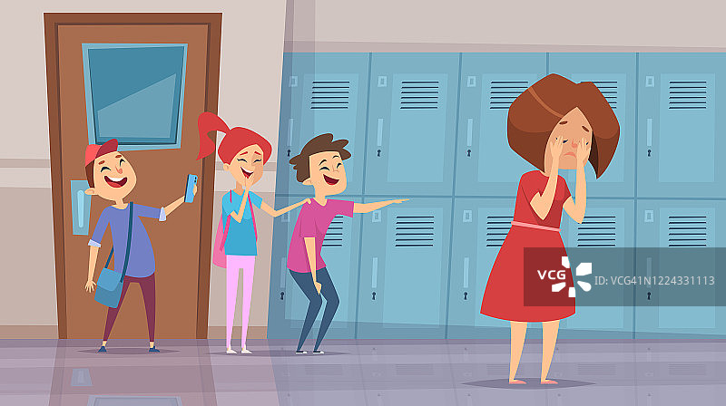在学校欺凌。压力孩子笑吓唬冲突问题在学校走廊矢量卡通背景图片素材