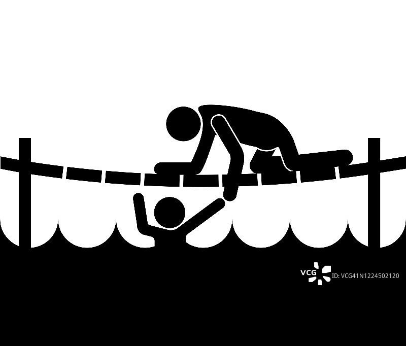 一名男子在河里救起一名落水男子。他伸手把它从水里拉出来。白色上的孤立向量图片素材