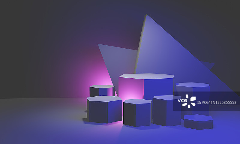 3d渲染舞台讲台在地板上。产品展示平台，模拟背景，粉色和蓝色背景，未来设计图片素材