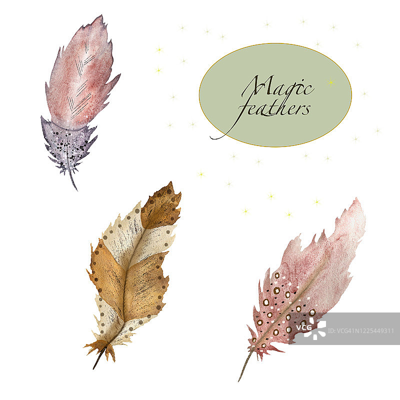 水彩插图的多色羽毛集。适用于各类设计和印刷。图片素材