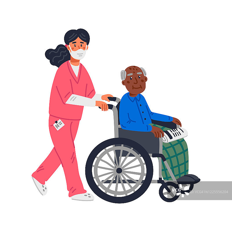 年长的病人。一位坐在轮椅上的非裔美国老人和一位戴着面罩的女性护士，背景是白人。老年人保护，保持安全理念。简单的平面矢量图图片素材