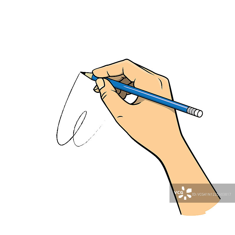 手拿一支蓝色的铅笔在白色的背景为组装或创建教学材料的母亲谁做家庭学校和教师谁找到图片的教学材料，如抽认卡或儿童书籍。图片素材